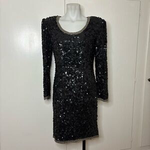 Vintage 80s Black Sequins Bodycon Long Sleeve Mini Dress